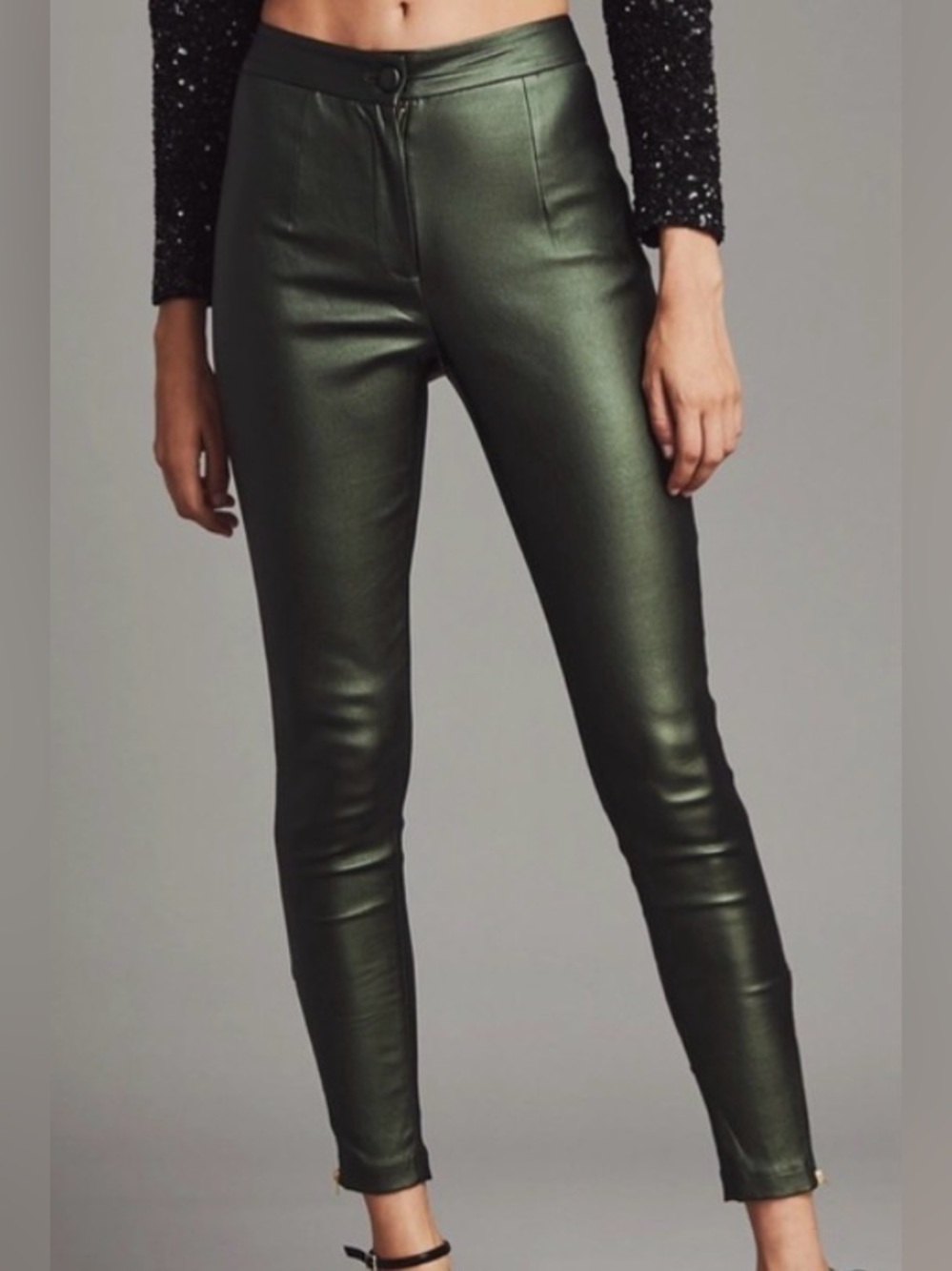 Retrofete Large Lara Metallic Green Coated Skinny Pants Leggings Moto Ankle Zip